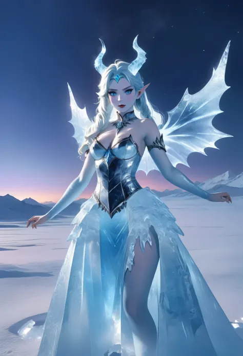 (8k, highest quality, masterpiece: 1.2), (realistic, realistic: 1.37), Super detailed, ((an ice female sexy demon:1))、Standing in the frozen snow field、Witch wearing pale armor, ((sexy costume:1)), SEXY female devil, ((aurora in the night sky)),  ((pale bl...