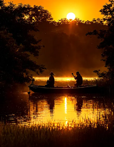 golden pond，sunset，sparkling，backlighting equipment for couple on boat:sonya77(standalone) [sony（sony）digital camera]  lens:70-3...