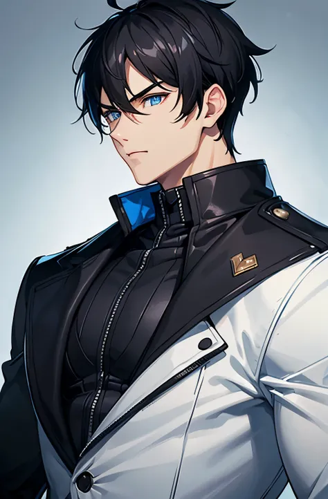 Muscular guy, black hair, blue eyes, black Jacket