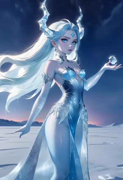 (8k, highest quality, masterpiece: 1.2), (realistic, realistic: 1.37), Super detailed, ((an ice female sexy demon:1))、Standing in the frozen snow field、Witch wearing pale armor, ((sexy costume:1)), SEXY female devil, ((aurora in the night sky)),  ((pale bl...