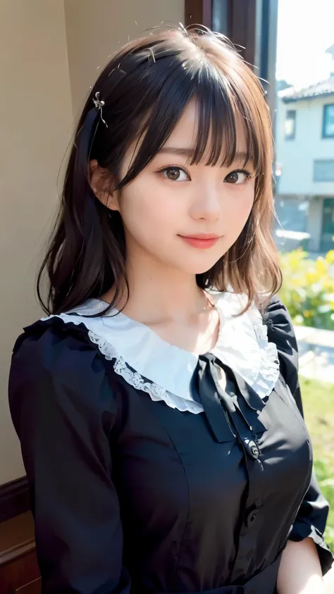 1 Nogizaka Musume、very cute、beautiful girl、19 years old、(gothic  fashion)、beautiful face, Exquisite details of eyes and skin、fine black shiny hair、Classy ruffles、frilled tie、ribbon tie、rose hair accessories、(smile at the camera)、(cowboy shot)、(sea of europ...