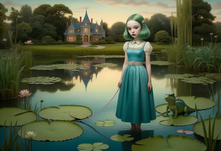 a painting on craft paper in the style of the artist Mark Ryden, a strange alien girl with long green hair in a blue dress walks a small dinosaur on a leash along the shore near the evening pond, the evening surface of the pond, water lilies and reeds, fro...