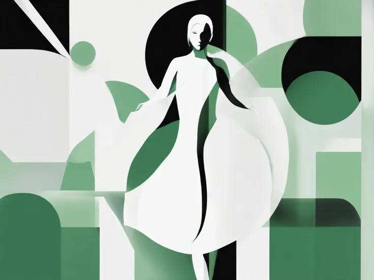 A single female figure with simple lines, standing with her arms raised in victory. Smooth and polished surface. Colors Black and white with a touch of green.