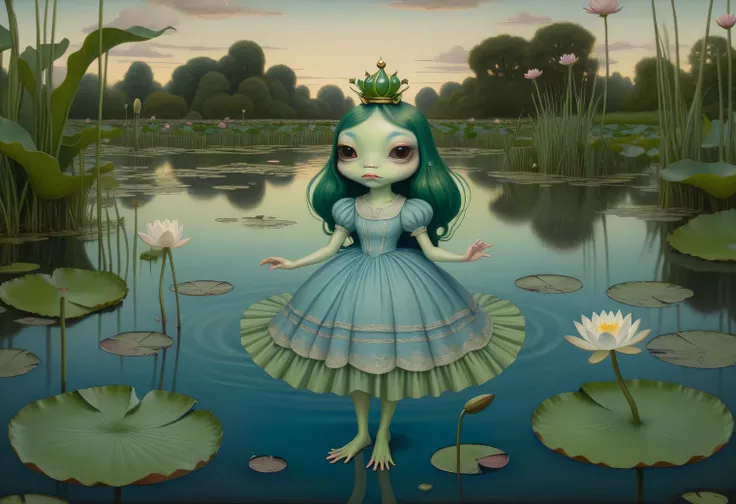 a painting on craft paper in the style of artist Mark Ryden, a strange alien anthropomorphic frog with long green hair in a blue dress stands on a sheet of evening pond water lilies, evening pond surface, water lilies and reeds, an alien anthropomorphic fr...