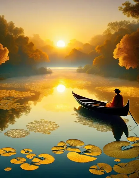 portrait art style of golden pond, sunset, sparkling, couple's inverse light on boat,a beautiful painting by henri rousseau,in t...