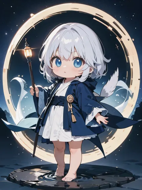 silver hair, surrealism, 8k, super detail、blue eyes,fantastic background at night、(chibi)、a hostile look、fullbody,medium bob hai...