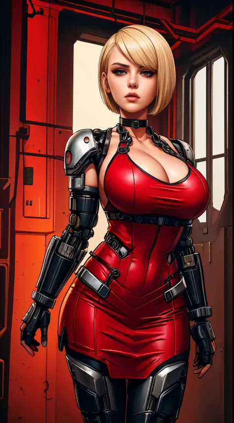 short red dress, undercut platinum bobcut  blonde hair, small breasts, fit, muscular, short hair, mercenary, boob window, chain choker, full body shot, cybernetic, cyberpunk, mechanical parts