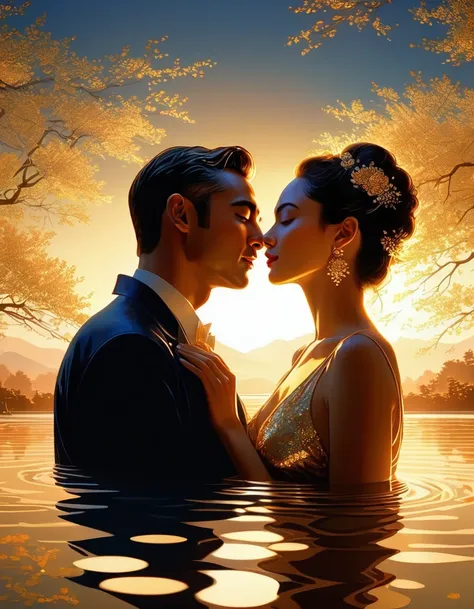 portrait art style《golden pond》，sunset，flashing，couple on the boat against the light，in the style of rolf armstrong： fractal,aut...