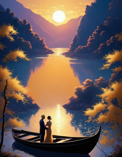 portrait art style《golden pond》，sunset，flashing，couple on the boat against the light，in the style of rolf armstrong： fractal,aut...