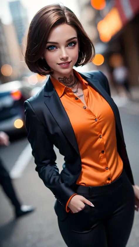 (masterpiece:0.8), best quality:1.5, 8K, cinematic, spotlight, glisten, dark suntan, bokeh, city street background, (realistic), skinny athletic girl (barbie face, (black mens business suit, orange silk shirt)), tattoo:0.5, (clearblue eyes, short dark bob ...