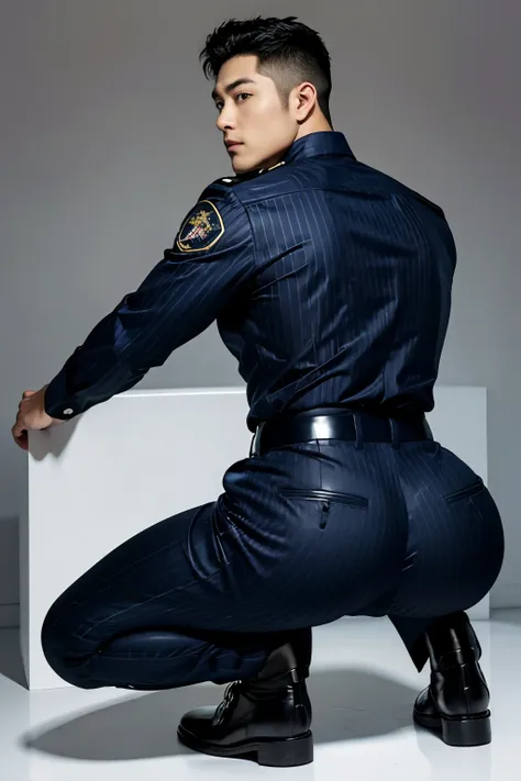 40-year-old boy ,korean bulky male officer ,wear navy blue police uniform shirt................ pinstripe navy blue smooth tight...