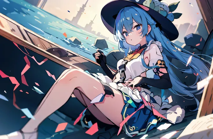 (masterpiece),best quality, expressive eyes, perfect face, 1girl,
 hands on waist,beautiful, gorgeous,anime,girl,lora,hinanawi tenshi, blue hair, blue haired, floating clothes,waist grab, grabbing waist, mains sur les hanches , hands on hips,flat chest