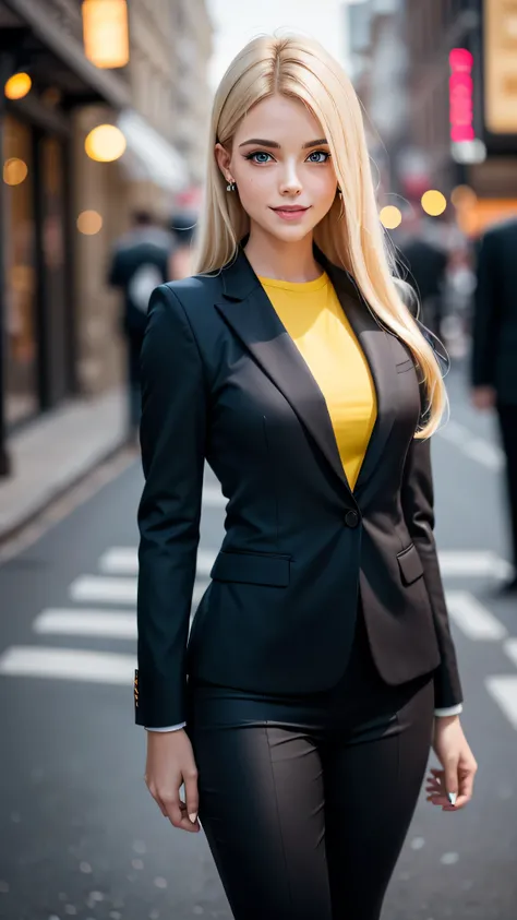 (masterpiece:0.8), best quality:1.5, 8K, cinematic, spotlight, glisten, dark suntan, bokeh, city street background, (realistic), skinny athletic girl (barbie face, (black mens business suit, yellow shirt)), blemish:0.5, (clearblue eyes, long straight blond...