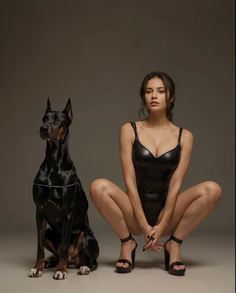 arafed woman in a black latex leotard sitting next to a doberman, with dogs, by emma andijewska, special attention to posing, in...