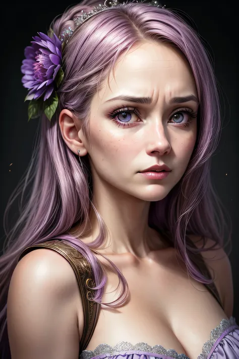 The bright eyes of a very beautiful princess, Portrait of a 35 year old mature woman, serious expression, rage, Super realistic, Super detailed, Dynamic facial expressions, big natural breasts, pastel purple dress, detailed and beautiful eyes,beautiful det...