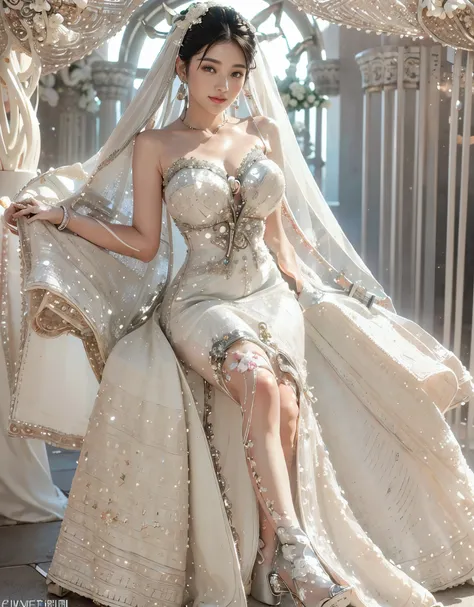 (((very heavy chest))),NSFW, 16k raw photos, highest quality, masterpiece, ultra high resolution, ((highly exposed)).movie, 1 girl,((attractive expression)),eyes shine、 looking at the viewer, 自然な肌の質感very heavy chest))),((((Ivory wedding gown with intricate...