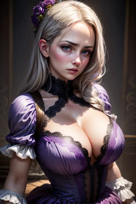 The bright eyes of a very beautiful princess, Portrait of a 35 year old mature woman, serious expression, rage, Super realistic, Super detailed, Dynamic facial expressions, big natural breasts, pastel purple dress, detailed and beautiful eyes,beautiful det...