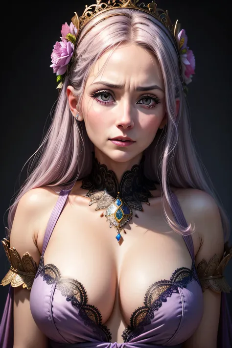 The bright eyes of a very beautiful princess, Portrait of a 35 year old mature woman, serious expression, rage, Super realistic, Super detailed, Dynamic facial expressions, big natural breasts, pastel purple dress, detailed and beautiful eyes,beautiful det...