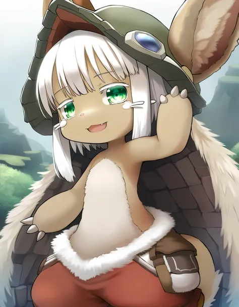 nanahi-default,narehate, nanachi (made in abyss),green eyes,white hair,long hair,furry,animal ears,ears through headwear,helmet,tail,puffy pants