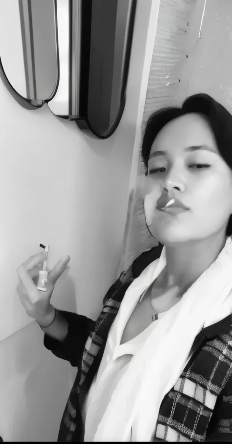 there is a woman that is brushing her teeth in the bathroom, taehyung eating gucci fries, dramatic smoking pose, with cigar, profile image, profile pic, profile photo, small chin, grainy monochrome photo, b&w photo, high quality upload, grainy black-and-wh...