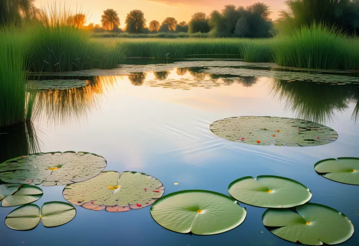 Beautiful evening pond in a green park in the rays of the setting sun, reeds and water lilies, the mirrored surface of the pond reflects the evening sky, evening pond, mosquitoes, dragonflies, palette of evening colors, tyndall effect, quiet, calm, beautif...