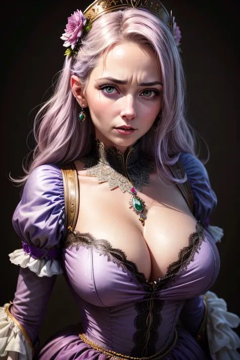 The bright eyes of a very beautiful princess, Portrait of a 35 year old mature woman, serious expression, rage, Super realistic, Super detailed, Dynamic facial expressions, big natural breasts, pastel purple dress, detailed and beautiful eyes,beautiful det...