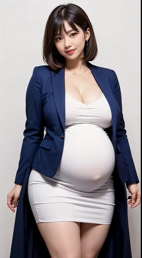 (best quality, masterpiece:1.2), white background, (gigantic breasts:1.2), realistic, big breasts, huge breasts, (huge pregnant),gigantic hips, thicc, long legs, thick thighs, fair skin, rosy cheeks, porcelain like skin, (white blouson dress:1.2), (navy bu...