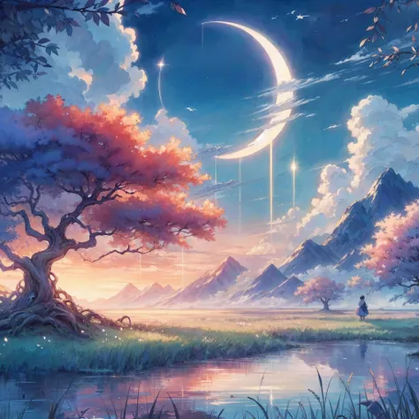 (best quality,4k,8k,highres,masterpiece:1.2),ultra-detailed,realistic:1.37,anime style landscape, dreamy digital artwork, fantasy art landscape, serene anime wallpaper, dream-like scenery, breathtaking anime art, tranquil scene of peace, moonlit lake, gras...