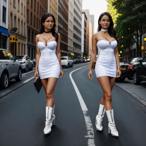 (Beautiful)+nerd:0.8+cute:0.9), 20_years_woman and friend standing outside, (high heels ankle boots:1.5), young_facial_feautures, wearing white_strapless_mini_dress), slender_body:1, (big breasts:1.3), sexy glasses, choker