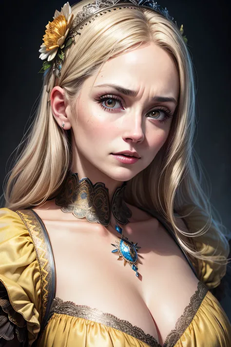 The bright eyes of a very beautiful princess, Portrait of a 35 year old mature woman, serious expression, rage, Super realistic, Super detailed, Dynamic facial expressions, big natural breasts, pastel yellow dress, detailed and beautiful eyes,beautiful det...