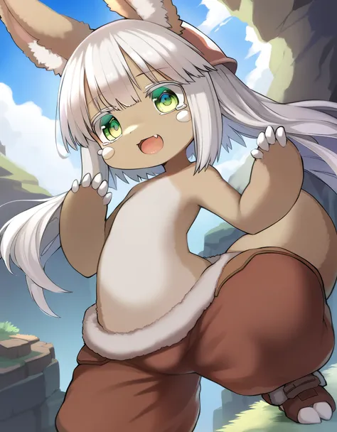 nanachi-helmetless,narehate, nanachi (made in abyss),green eyes,white hair,sidelocks,short hair,furry,tail,animal ears,puffy pants