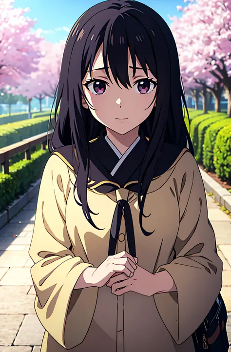 the background will be,cherry blossoms,anime girl with long black hair and green shirt, cute girl anime visual, anime visual of ...