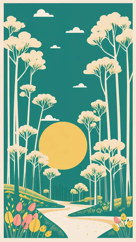 spring.forest, illustration style,anamorphicart. graphid design inspired illustration, bold cartoon lithograph,flat,vector illustration,Ul illustratuon,GUl,minimalist,dribbble,behance,8K --ar 3:4 --g 2 --v 5