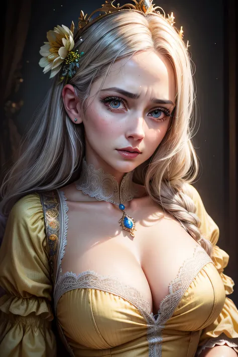 The bright eyes of a very beautiful princess, Portrait of a 35 year old mature woman, serious expression, rage, Super realistic, Super detailed, Dynamic facial expressions, big natural breasts, pastel yellow dress, detailed and beautiful eyes,beautiful det...