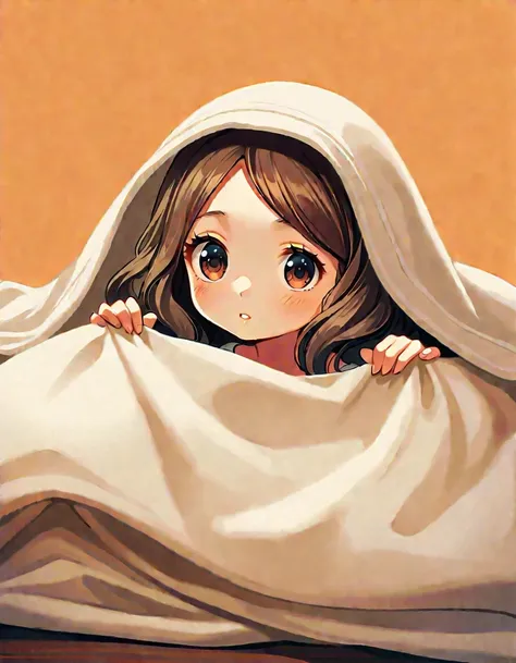 a studio ghibli style illustration depicting a little brunette girl lying under the covers. two black and white cats crawl aroun...