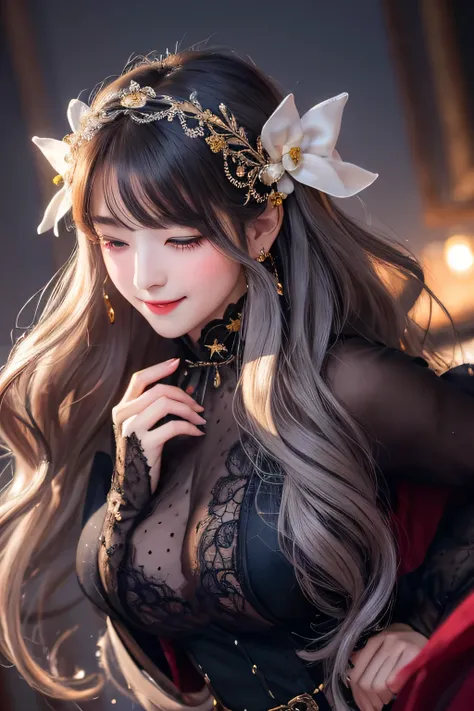 (masterpiece, best quality:1.2),a beautiful girl，Skin detail processing，The eyes are finely described，Delicate hair，wavy long hair，Long light hair，Wear a large bow on your head，Black Sweater，white dots，skirt，Retro contrasting colors、（purple、yellow）、fantasy...