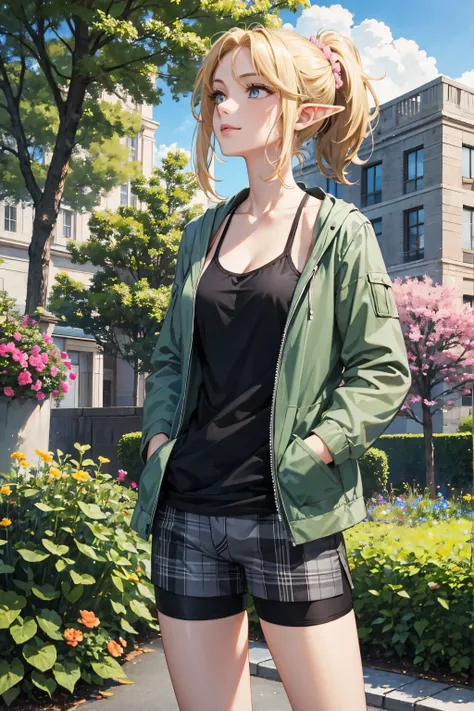 Masterpiece:1.2, ultra high quality:1.2, ultra detailed, intracate details, bright colors, elf woman, adult woman:1.4, solo, blonde hair, yellow eyes, pale skin, dark green tank top, black and gray plaid flannel jacket, bright eyes, perfect eyes, hands in ...