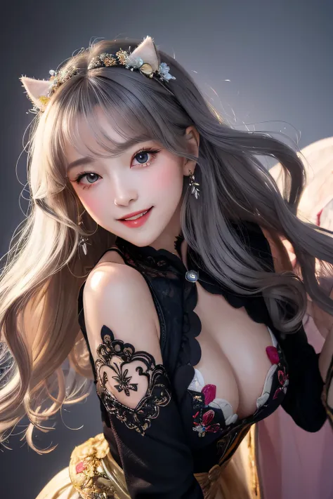 (masterpiece, best quality:1.2),a beautiful girl，Skin detail processing，The eyes are finely described，Delicate hair，wavy long hair，Long light hair，Wear a large bow on your head，Black Sweater，white dots，skirt，Retro contrasting colors、（purple、yellow）、fantasy...