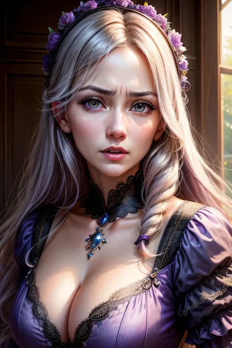 The bright eyes of a very beautiful princess, Portrait of a 35 year old mature woman, serious expression, rage, Super realistic, Super detailed, Dynamic facial expressions, big natural breasts, pastel purple dress, detailed and beautiful eyes,beautiful det...