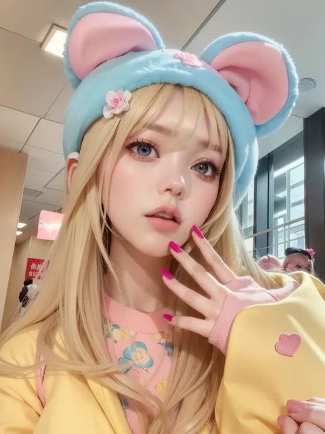 Blonde woman with long hair holding a white cell phone., retrato de kim petras, maquillaje popular de corea del sur, Retrato de Jossi de Blackpink, Parque Roseanne de Blackpink, ulzzang, maquillaje coreano popular, cruel korean gothic girl, ava max, con el...