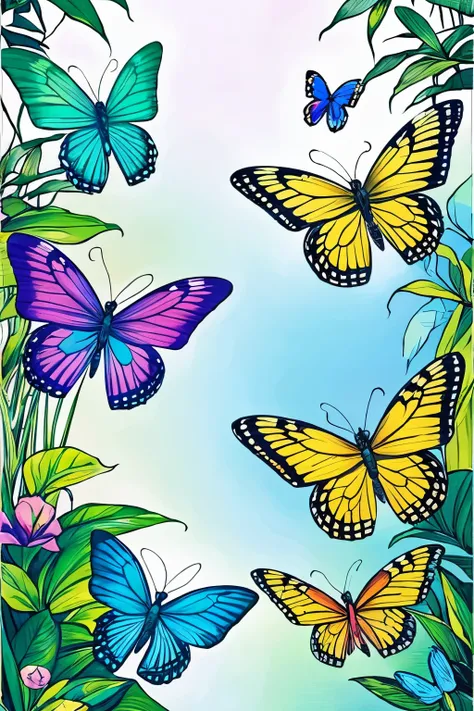 Dive into butterfly coloring pages showcasing an enchanting scene of tropical butterflies in a lush rainforest, their wings adorned with iridescent hues, surrounded by dense foliage and cascading waterfalls, mist enveloping the air adding a dreamlike quali...