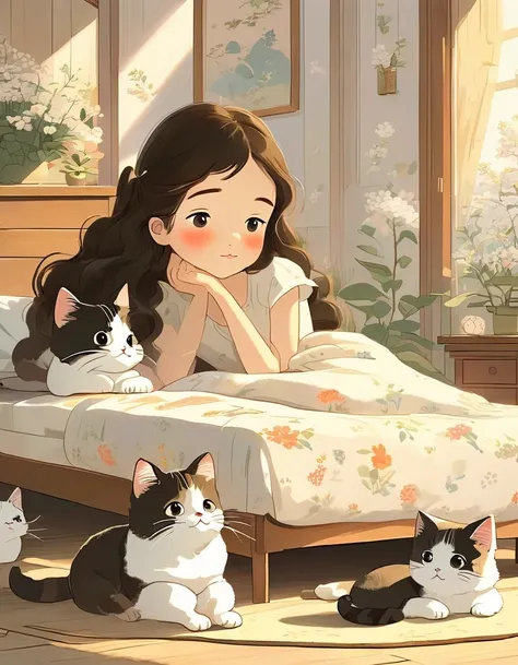 A Studio Ghibli style illustration of a little brunette girl lying on the edge of her bed. Beside her are two black and white cats. The background wooden furniture is decorated to capture the essence of spring.