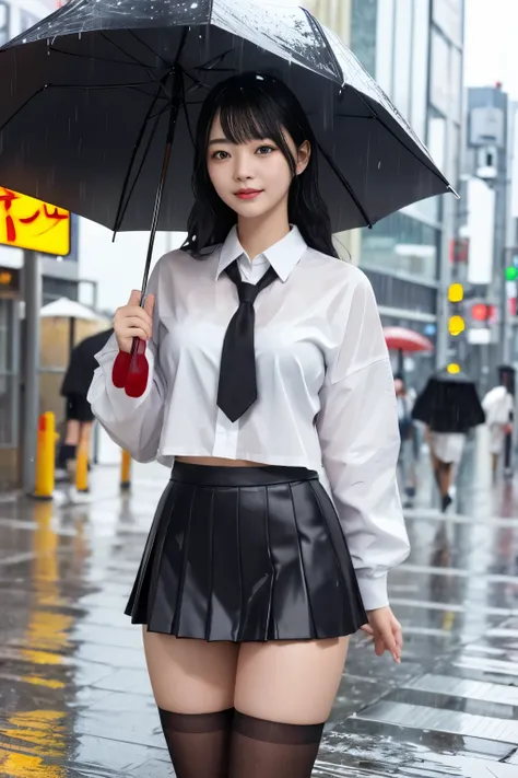 masterpiece、highest quality、girl 1、Super detailed　black hair　Wet Japan  uniform、skirt、underwear　soft thighs　rainy city、city where it rains、Basking in the rain