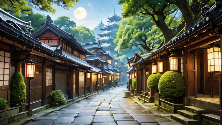 Mossy cobblestone streets of Kyoto, Japanese cities, Japanese street, japanese village, Beautiful depiction of moss and stone platform, old asian village, Japan&#39;s daytime town, anime background art, awesome wallpaper, beautiful digital paintings, stree...