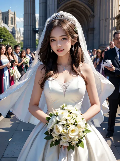 best quality, masterpiece, 1 girl, (huge laugh), cute teen, shiny lips, sweet, sun glare, Conservative attire, Bead material bell-line wedding dress, white gloves, bouquet, bridal tiara, depth of field, blurred background, Cathedral Background, light parti...