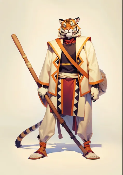 weretiger, tiger, furry, (neck hand and foot covered with fur), animal paw, animal hands, neck covered with fur, unique zigzag motive clothes, (pants), (slipper), holding wooden staff, wearing big crossbody bag, anime art style, 