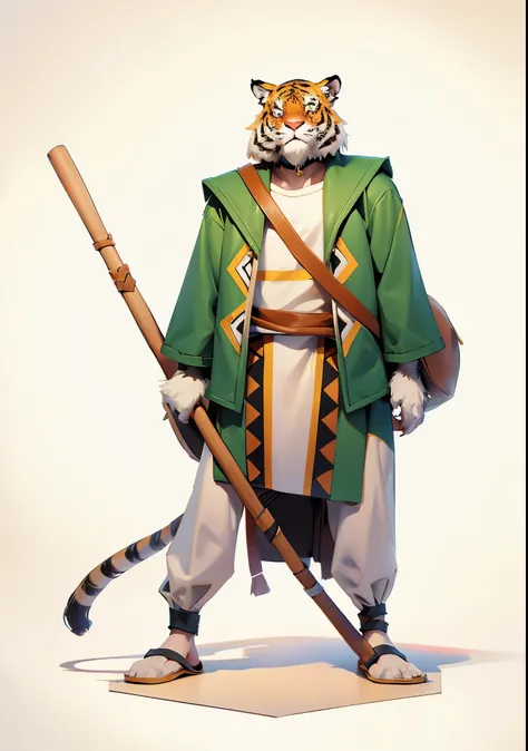 weretiger, tiger, furry, (neck hand and foot covered with fur), animal paw, animal hands, unique zigzag motive clothes, (pants), (slipper), holding wooden staff, wearing big crossbody bag, anime art style, 