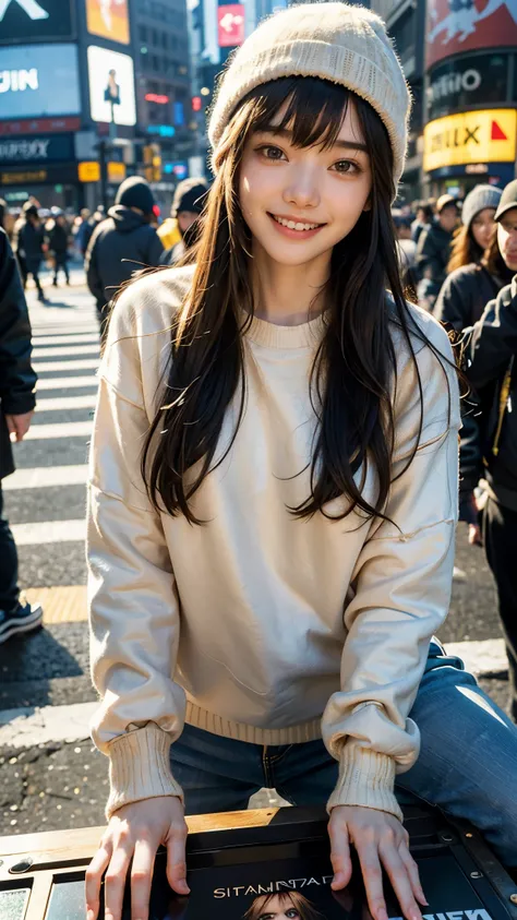 highest quality, masterpiece, ultra high resolution, (realistic:1.4), (close portrait) Raw photo, 1 girl,20-year-old,((Shibuya scramble crossing early in the morning with no one around)),((Top and bottom sweatshirt and knit cap )),messy hair,((long straigh...