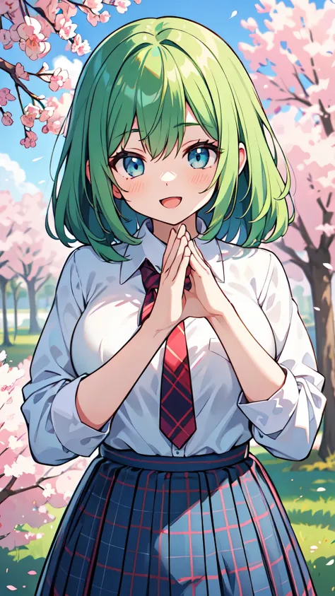 ((A Pretty High School girl with green hair and blue eyes)), ((wearing white collar shirt and plaid skirt)), Baby face, ((master piece, top-quality, ultra-definition, high resolution)), anime girl, ((ultra-detailed illust:1.2)), only one person, bangs, hai...