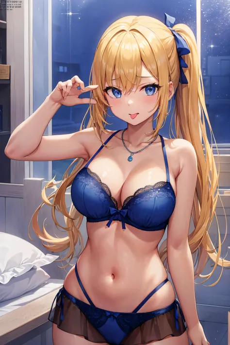 Masterpiece、hight resolution、1girl in、Blonde Gal、in ones underwear only、Blue Lingerie、poneyTail、large full breasts、a necklace、to close range、Write、Mouth wide open、tongue-out、bending forward、Poses that emphasize breasts、Nasty body、